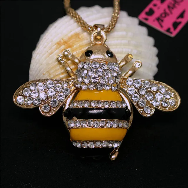 New Yellow Enamel Rhinestone Honey Bee Pendant Betsey Johnson Chain Necklace