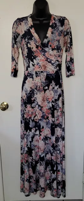 Vanilla Bay Long Dress Size Medium Full Length Faux Wrap Floral Fit & Flare Navy