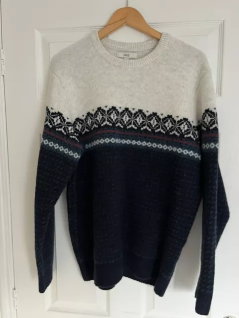 M&S Men’s Blue & White Patterned Crew Neck Jumper - Size Extra Large