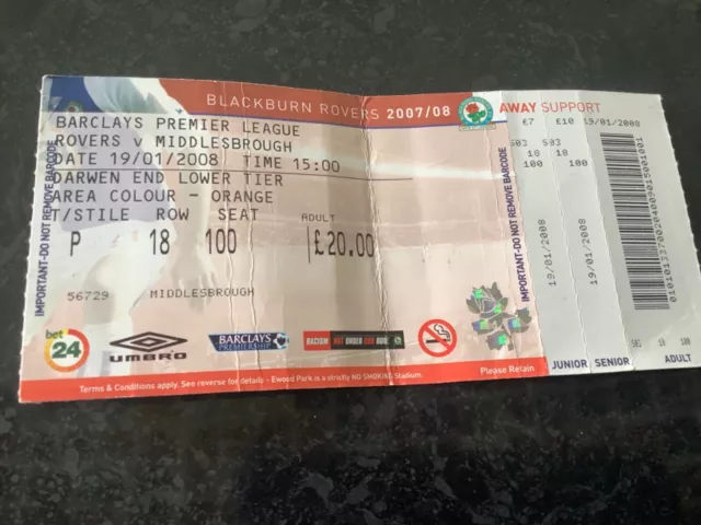 Ticket Stub Match ticket Blackburnv Boro Middlesbrough 19.1.2008  premiership