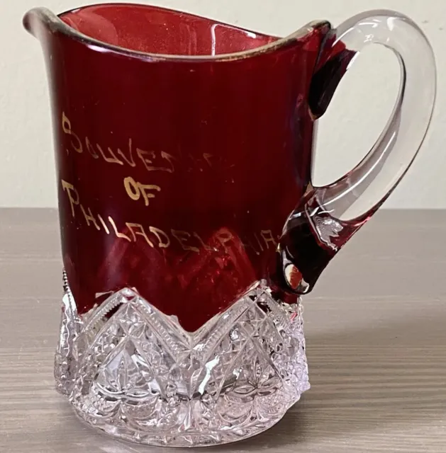 Antique EAPG Ruby Flash “Souvenir of Philadelphia” Glass Creamer Pitcher 4”H