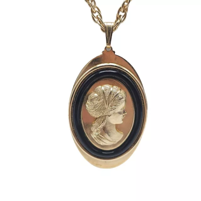 Avon Black Acrylic Textured Cameo Pendant Chain Necklace Gold Tone Vintage 2