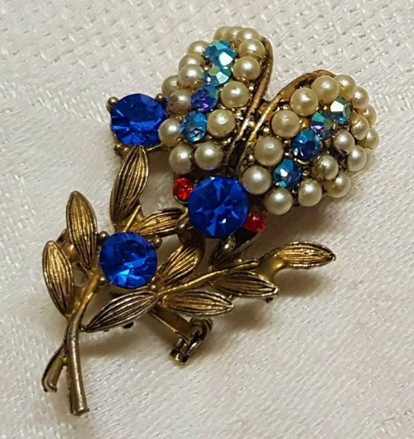 Broche Vintage Losange En Laiton Avec Incrustations De Pâte De Verre - Occasion