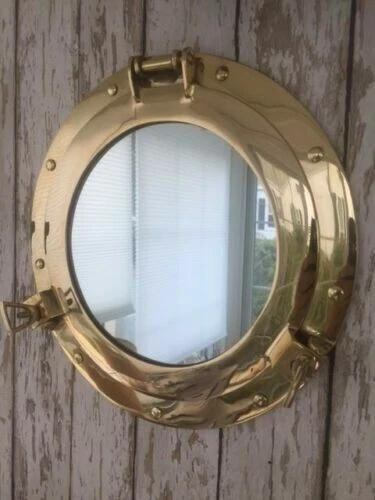 12" Porthole Mirror ~ Brass Finish ~ Nautical Wall Decor ~ Ship Cabin Window