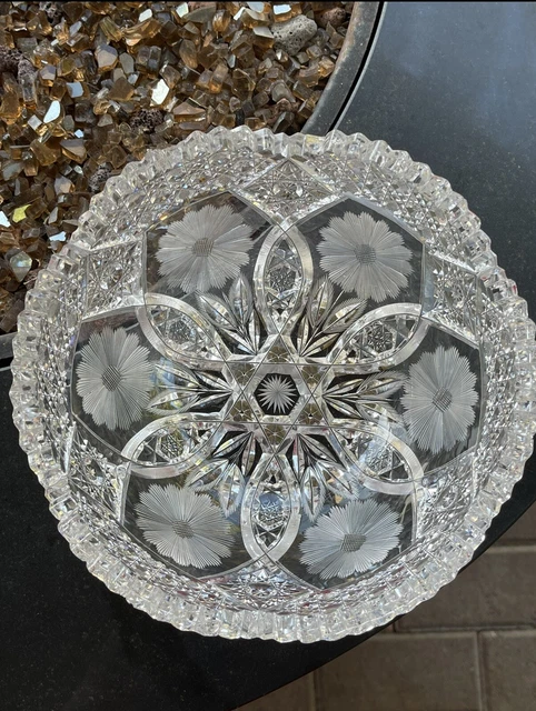 American Cut Brilliant Clear Glass Bowl Daisy Harvard Heavy Centerpiece Abp