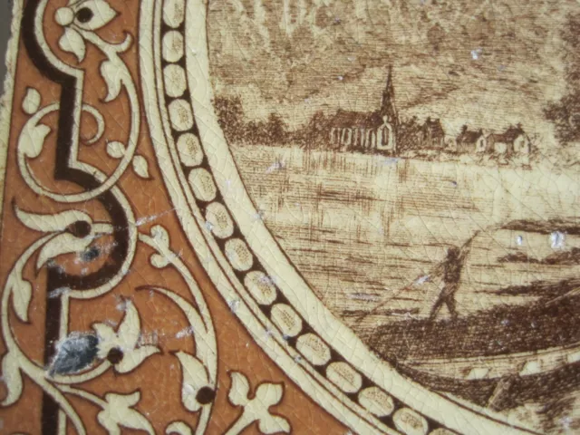 ANTIQUE VICTORIAN MINTONS L.T. SWETNAM LANDSCAPE TILE  - LAKE & MOUNTAINS c1890 2