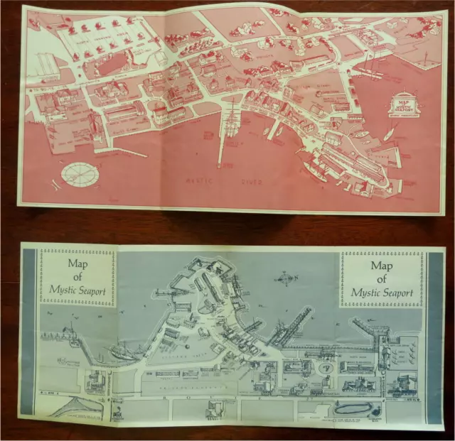 Mystic Seaport Connecticut c. 1960's lot x 2 promo pictorial birds-eye view maps