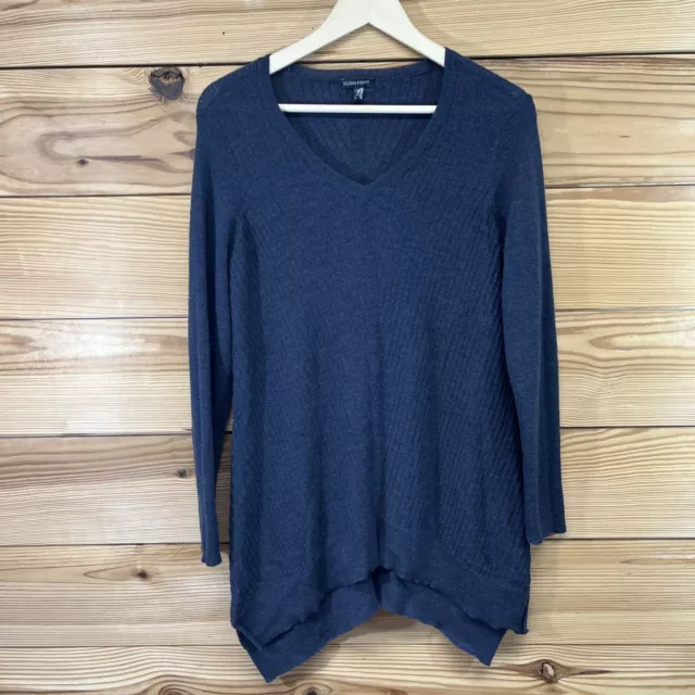 Eileen Fisher Sweater Large Blue 100% Wool Thin Knit Shark Bite Hem V-Neck B167