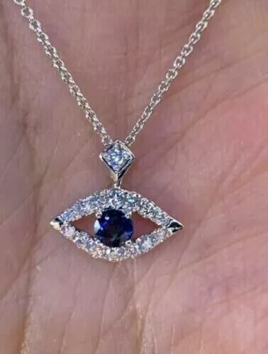 2.75 Ct Round Cut Simulated Blue Sapphire Evil Eye Pendant 14k White Gold Plated