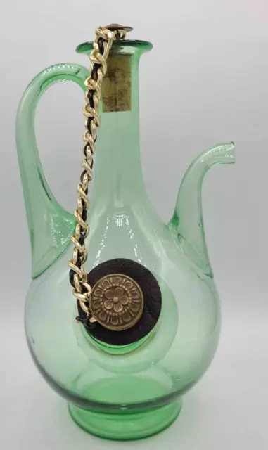 Vintage 1960's Italian Green Glass Decanter w/ Ornate Corks & Ice Chamber 11"H