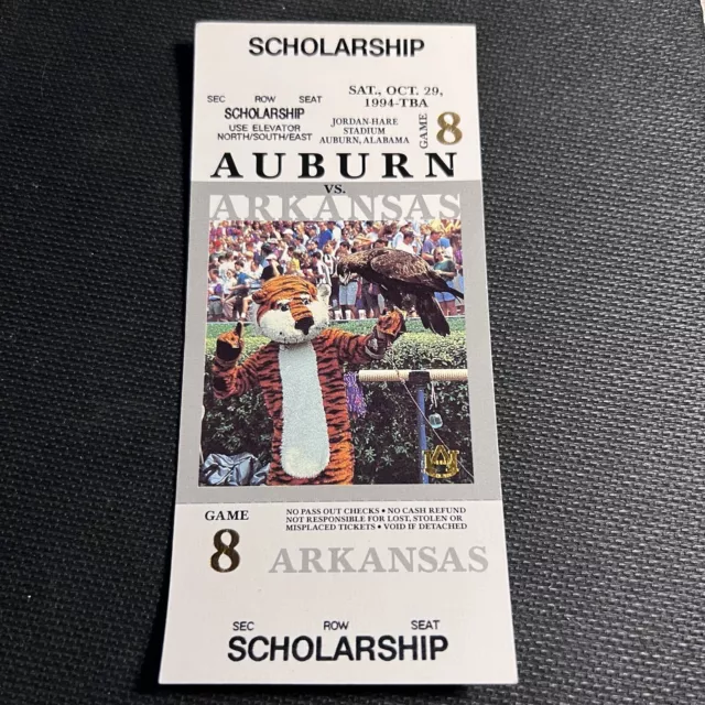 1994 SCHOLARSHIP Auburn vs Arkansas original football FULL ticket stub NCAA SEC