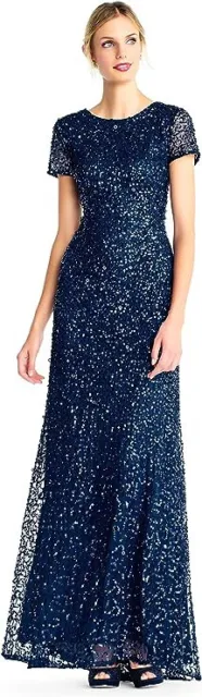 NEW $280 SIZE 8  Adrianna Papell Women's Short-Sleeve All Over Sequin Gown NAVY