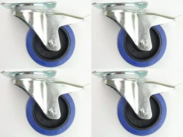 4 Stück 100mm SL Lenkrollen Feststeller Blue Wheel Transportrollen Bremse Rollen