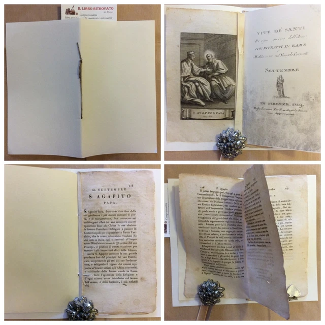 Incisione in rame 20 Sett. San Agapito Papa con meditazioni Vite dei Santi 1819