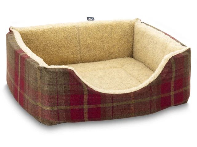 Haven Square Fleece Lined Dog Bed 5 Sizes- Signature Tartan: Brown-Burgundy-Rust