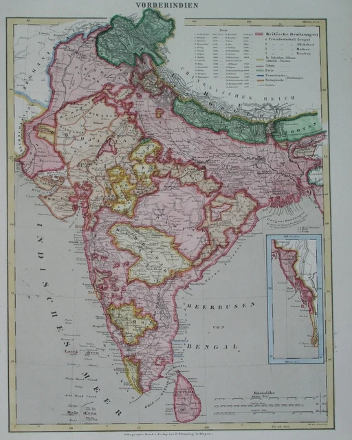 1873 ORIGINAL MAP Asia India Kashmir Punjab Ceylon Sri Lanka Mumbay ...