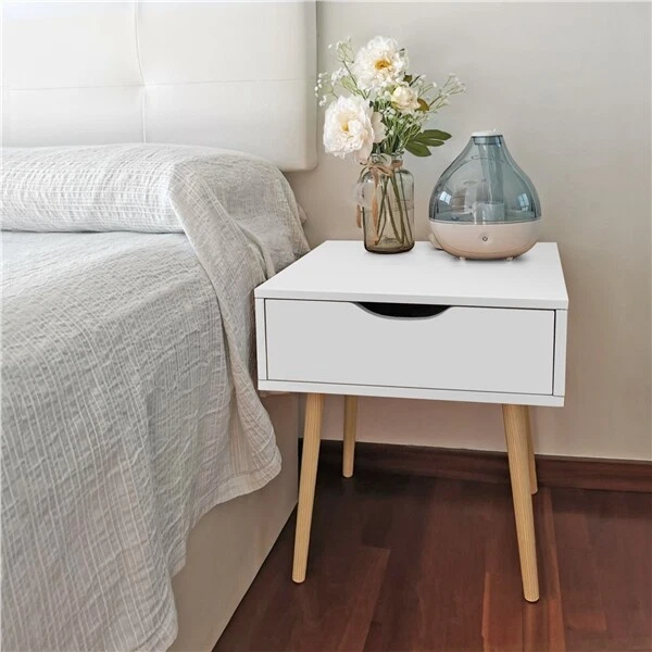Mesita de Noche Blanca de Madera Mesa Auxiliar para Salón Café Vintage Mesilla