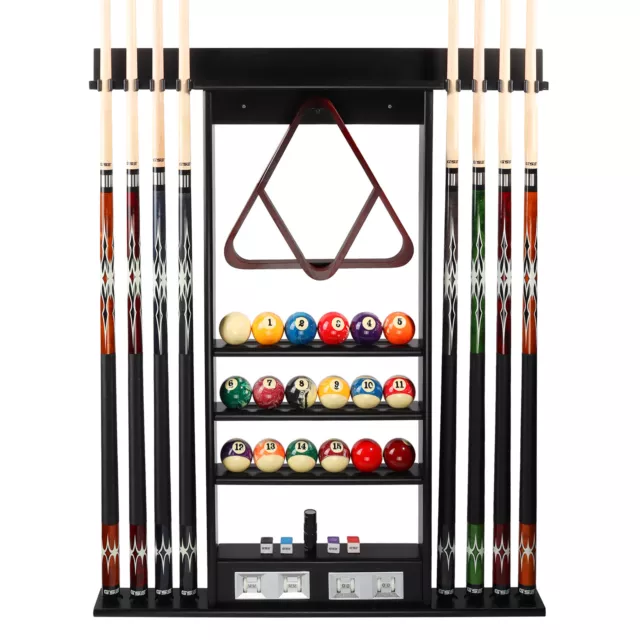 8-Cue Wall Mounted Wood Pool Cue Stick Rack/Holder with Score Counter (4 Colors)