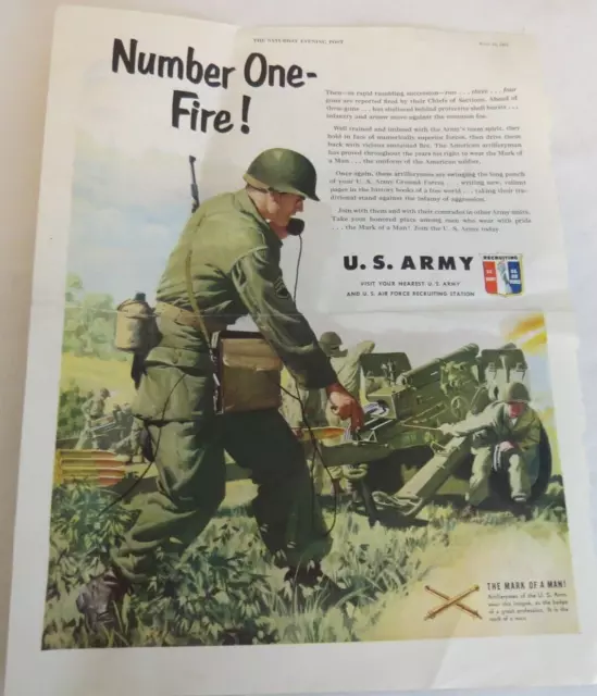U.S.Army Recruiting Print Ad 1951 Advertising "Number One-Fire!" Illustration
