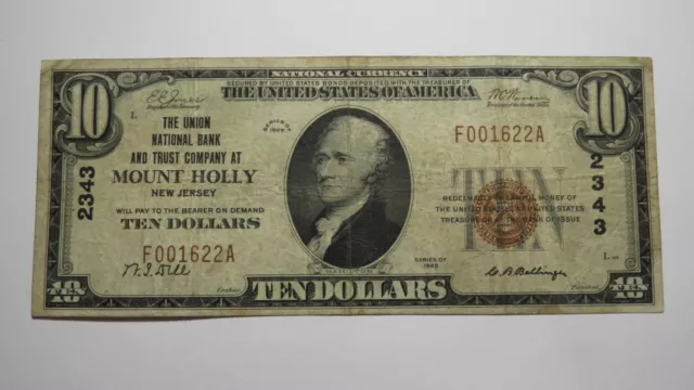 $10 1929 Mount Holly New Jersey NJ National Currency Bank Note Bill Ch #2343 Mt.