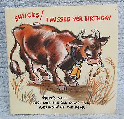Old Spring Tail Crying Cow Missed Birthday Vintage 1950's Hallmark Card FREE S/H