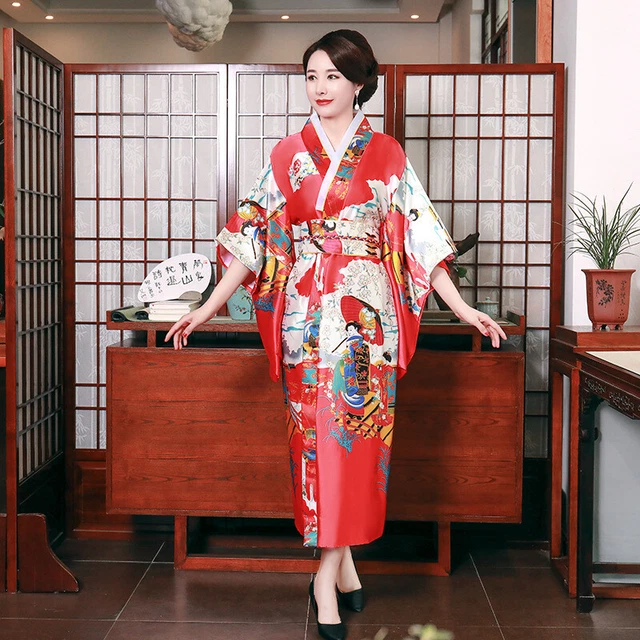 Japanese Women Kimono Gown Chinese Traditional Wafuku Robes Silkly Sleep Robe