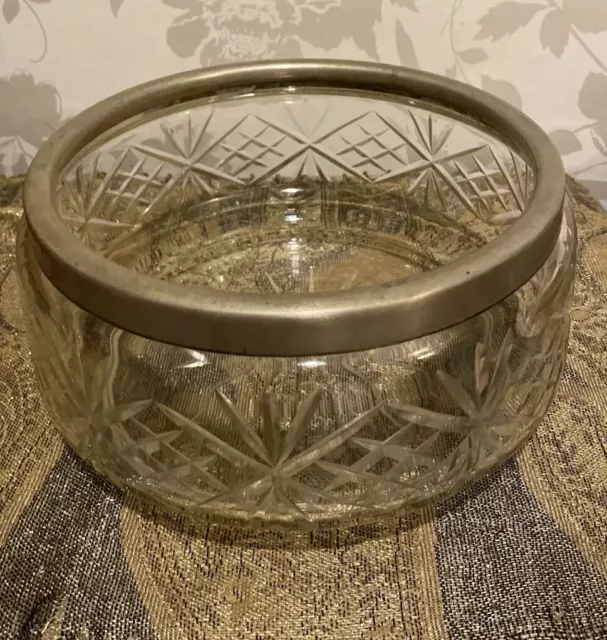 VINTAGE CUT GLASS/ crystal salad serving fruit bowl with SILVER PLATED EPNS RIM