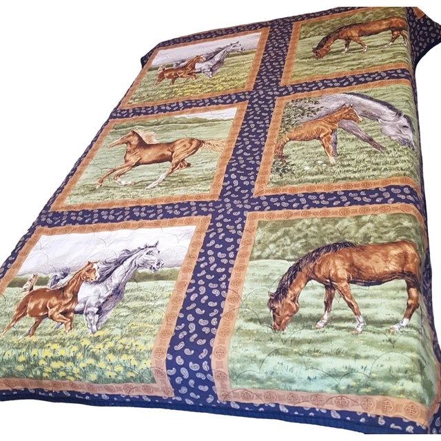 Handmade Horses Cowboy Western Quilt Throw Blanket Size 40" X 66" Navy Paisley