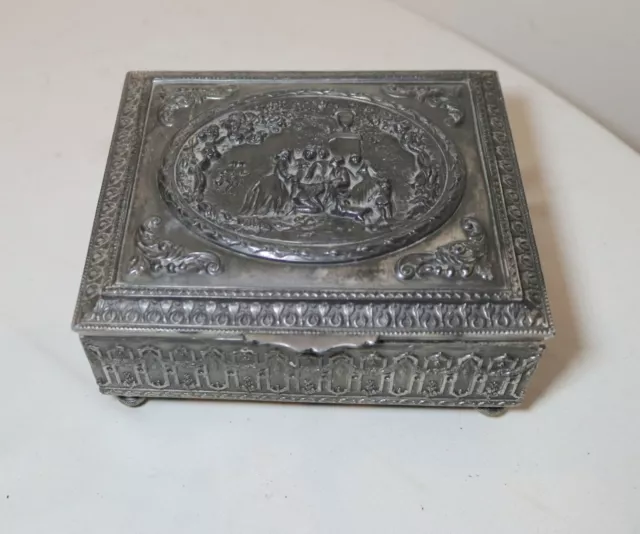 antique ornate silver plate figural footed relief dresser jewelry vanity box