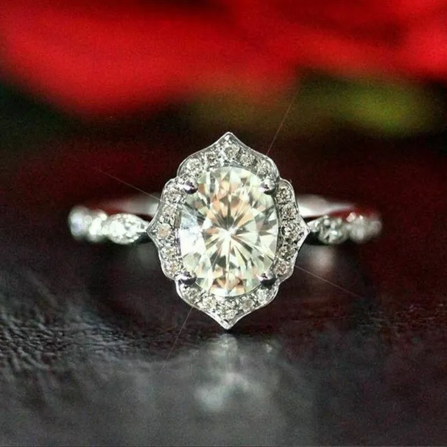 3 Ct Forever One Oval Cut Halo Moissanite Engagement Ring 14k White Gold Plated