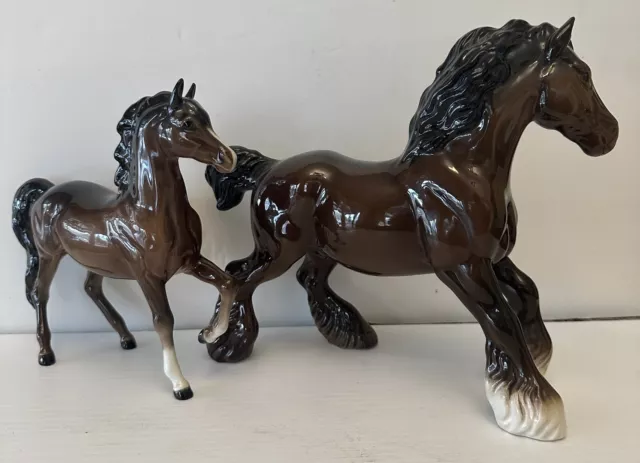 Royal Doulton Brown Shire Horse AND Beswick Prancing Brown Glossy Horses