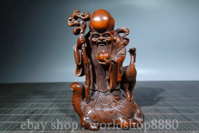 5" Old Chinese Boxwood Wood Hand Carved God of longevity Deer Statue Sculpture