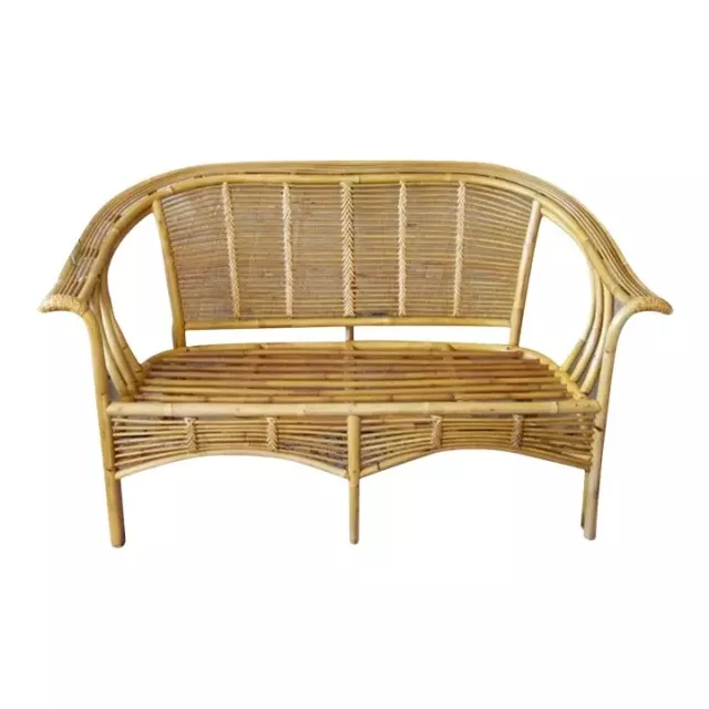 Vintage Natural Rattan Settee Small Couch Indoor Outdoor Mid-Century Beach House
