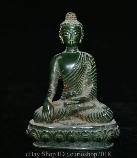 7.8 " China Natural Green Jade Carved Buddhism Shakyamuni Buddha Lotus Statue