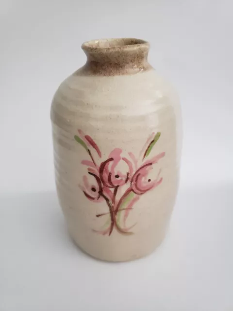 Studio art pottery signed vase ribbed with hand painted pink floral design