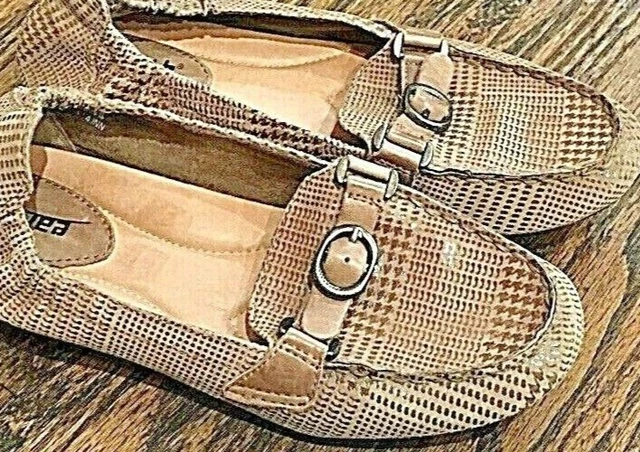 EARTH  WMNs 3.5 M Scout Taupe Herringbone Print Leather Flat Loafers Shoes