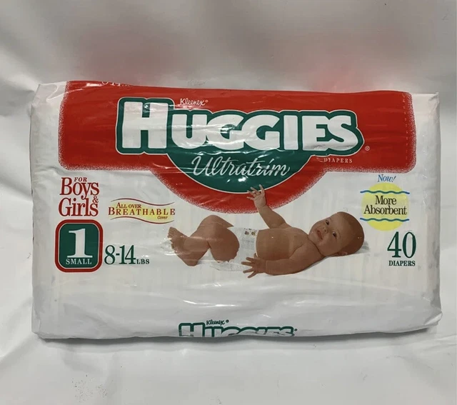 VINTAGE HUGGIES ULTRATRIM Baby Diapers Leak Lock 40 Count Size 1 Small