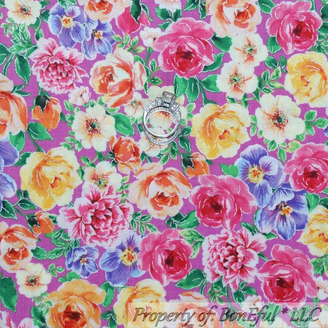 BonEful FABRIC Cotton Quilt Pink Yellow Purple Silver Flower Shabby Chic 1 SCRAP