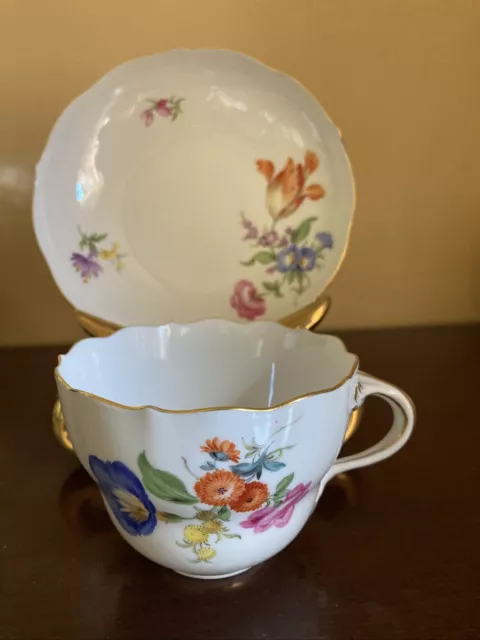 Antique Meissen Tea Cup And Saucer, Handpainted Flowers - Mint Condition