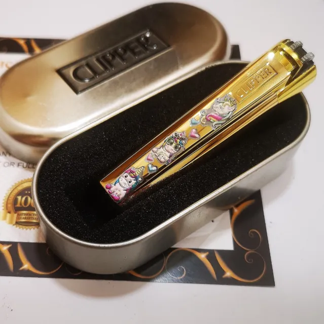 24Ct Gold Plated Clipper Lighter Metal Gas Refillable Unicorn Gift Boxed 24K