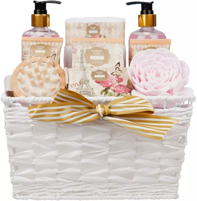 9 Piece Luxury Relaxing British Rose Body & Bath Spa Essentials Basket Gift Set