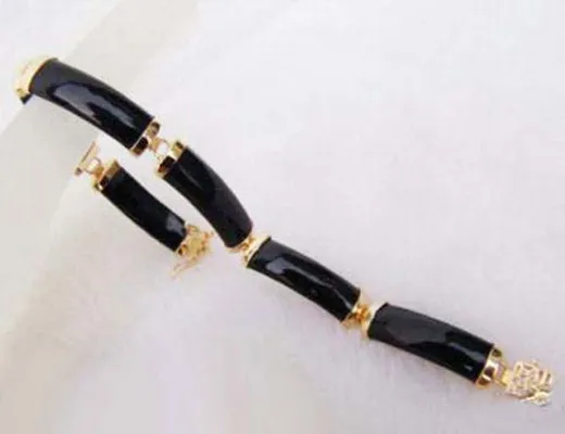 New Fashion Black Agate Onyx Carnelian 18KGP Fortune Link Clasp Bangle Bracelet