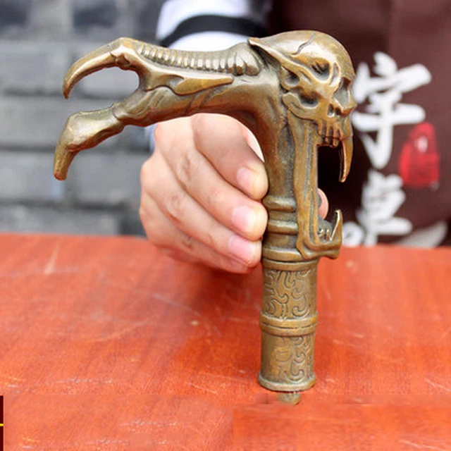 Antique Collection Bronze Handmade Casting Devil Skull Statue Walking Stick Head