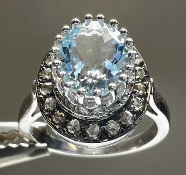 14k White Gold Rose Natural Diamond & Aqua Ring