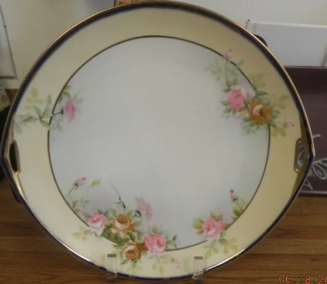 Hand Painted Nippon Cake Serving Plate..noritake..roses Gold & Cobalt Blue Trim