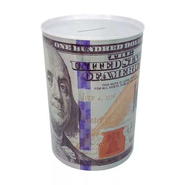 Metal Piggy Bank 8.5 or 6 Tall $100 Dollar Bill Money Bank for Adults  Kids Coin Saving Tin Can Currency (Benjamin Franklin, Small)