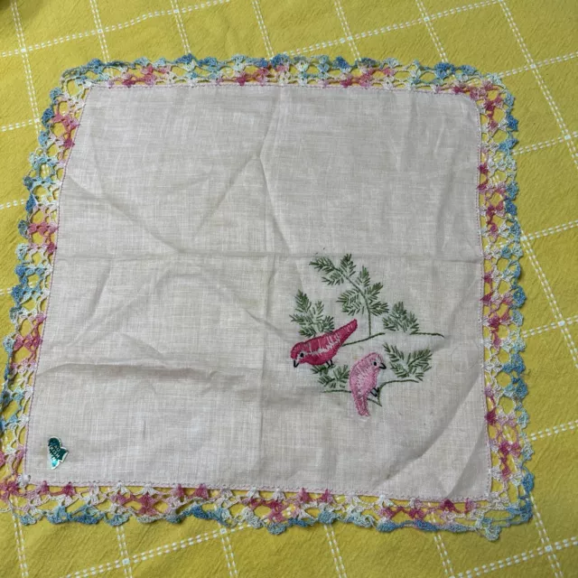 Vintage Hanky Irish Linen  Embroidered Edges And Birds Pinks