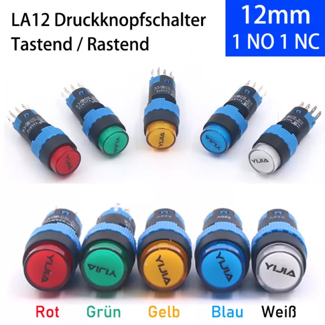 12mm LA12 Runden Druckschalter LED Beleuchtet Drucktaster Tastend Rastend 3A