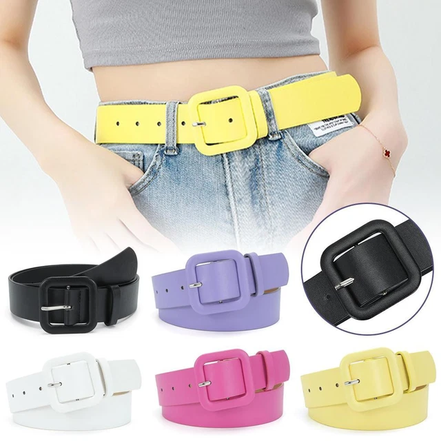 Womens Candy Color PU Leather Belt Wide Square Buckle Elastic Waistband Belt,