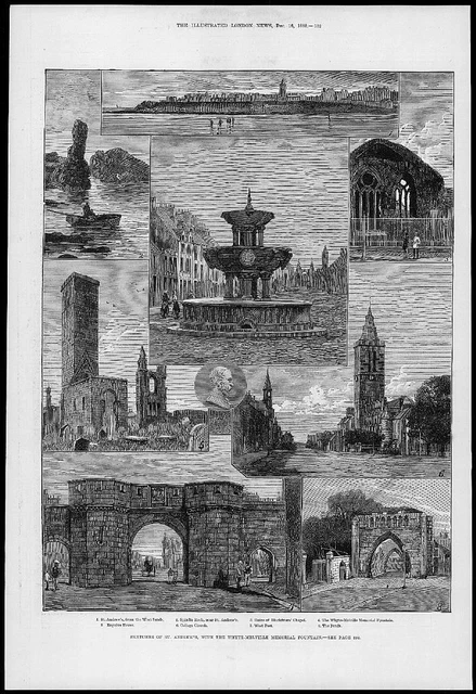 1880 Antique Print - SCOTLAND  ST ANDREWS Whyte -Melville Fountain Church  (77)